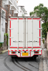 Details of White truck for delivery of goods and products. Transportation and Logistics.