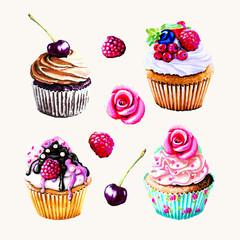set of drawings cupcakes with chocolate cream berries