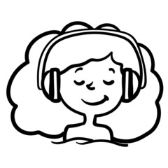 Illustration of a woman with blue hair wearing red headphones and bathing up to her neck in the water. swim, enjoy, save, outline.