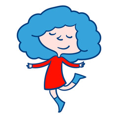 girl with blue hair and red dress, happily dancing with eyes closed.