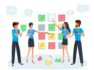 Vector illustration, team of business people working on a project at office with agile scrum task board plan, sticky notes flowchart, workshop training, business meeting, teamwork - obrazy, fototapety, plakaty