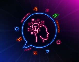 Idea line icon. Neon laser lights. Human head with light bulb sign. Inspiration symbol. Glow laser speech bubble. Neon lights chat bubble. Banner badge with idea icon. Vector