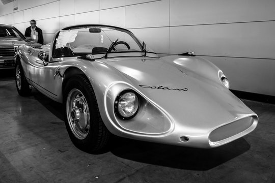 STUTTGART, GERMANY - MARCH 02, 2017: Roadster Colani GT, 1964. Black and white. Europe's greatest classic car exhibition "RETRO CLASSICS"