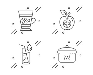 Water glass, Frappe and Medical food line icons set. Boiling pan sign. Soda drink, Cold drink, Apple. Cooking utensil. Food and drink set. Line water glass outline icon. Vector