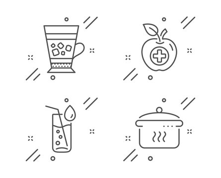 Water glass, Frappe and Medical food line icons set. Boiling pan sign. Soda drink, Cold drink, Apple. Cooking utensil. Food and drink set. Line water glass outline icon. Vector