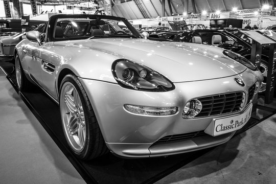 STUTTGART, GERMANY - MARCH 02, 2017: Sports car BMW Z8 Alpina V8 Roadster, 2003. Black and white. Europe's greatest classic car exhibition "RETRO CLASSICS"