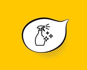 Cleaning spray line icon. Comic speech bubble. Washing liquid or Cleanser symbol. Housekeeping equipment sign. Yellow background with chat bubble. Washing Cleanser icon. Colorful banner. Vector