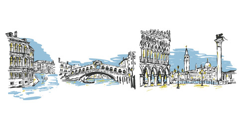 Vector Venice Italy hand drawn sketch with architecture landmarks, houses, market bridge, grand canal. Italian famous hand drawn city design.