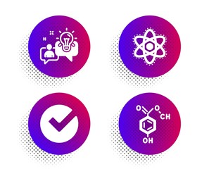 Chemistry atom, Idea and Verify icons simple set. Halftone dots button. Chemical formula sign. Laboratory molecule, Solution, Selected choice. Chemistry. Education set. Vector