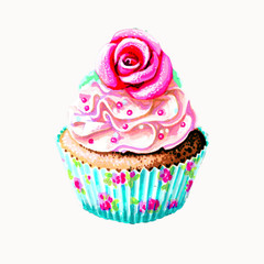 cupcake with vanilla cream and pink rose