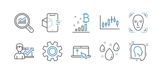 Set of Science icons, such as Service, Rainy weather, Data analysis, Bitcoin graph, Success business, Candlestick graph, Augmented reality, Swipe up, Face detection, Head line icons. Vector