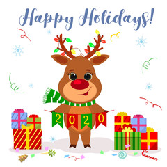 Merry Christmas and Happy New Year postcard. Cute reindeer, on the horns of a garland, a scarf. Holds holds flags 2020. Snowflakes, serpentine and boxes with gifts. Cartoon style, Vector
