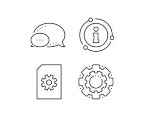 Document Management line icon. Chat bubble, info sign elements. Information File with Cogwheel sign. Paper page concept symbol. Linear file Management outline icon. Information bubble. Vector