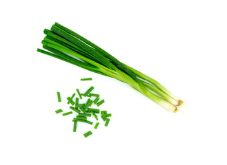 Fototapeta premium fresh green onion isolated on white background with clipping path. flat lay. top view.