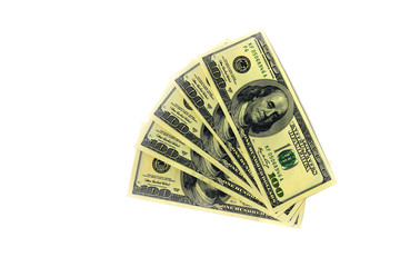 One hundred us dollar bill or banknotes on the white background