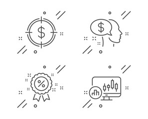 Pay, Dollar target and Discount line icons set. Candlestick chart sign. Beggar, Aim with usd, Sale shopping. Report analysis. Finance set. Line pay outline icon. Vector