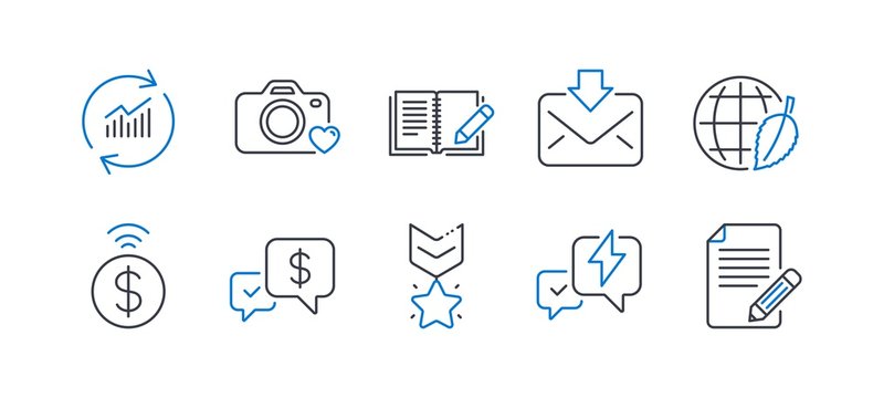 Set of Education icons, such as Environment day, Contactless payment, Winner medal, Update data, Incoming mail, Photo camera, Feedback, Payment received, Lightning bolt, Article. Vector