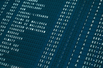 Departures board at the airport. Flight information electronically timetable. Split flap mechanical departures board. Flight schedule. Scoreboard flights