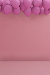 3d render pink balloons floating in pink background room scene studio. cute minimal idea creative concept. 