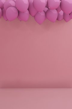 3d render pink balloons floating in pink background room scene studio. cute minimal idea creative concept. " 3D illustration"