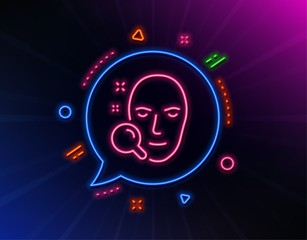 Face search line icon. Neon laser lights. Head recognition sign. Glow laser speech bubble. Neon lights chat bubble. Banner badge with face search icon. Vector