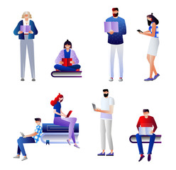 	 Collection of people reading or students studying and preparing for examination. Set of book lovers, readers, modern literature fans isolated on white background. vector illustration with character.