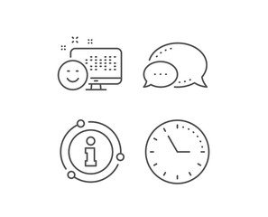 Smile line icon. Chat bubble, info sign elements. Positive feedback rating sign. Customer satisfaction symbol. Linear smile outline icon. Information bubble. Vector