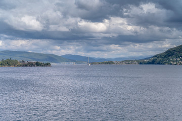 Nordhordland bridge on fjord, Tellevik, Norway