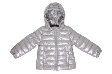 Winter jacket isolated. A stylish cozy warm silver gray down jacket for the kids isolated on a...