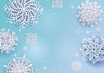 Origami Snowfall background with space for text. White Paper cut snow flake on Merry Christmas Greetings card. Happy New Year template. Winter flakes of snow light blue background.