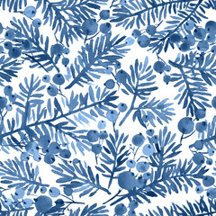Watercolor Christmas seamless pattern with spruce and holly berries in monochrome blue
