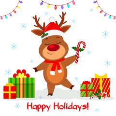 Merry Christmas and Happy New Year 2020 greeting card. Cute reindeer Santa hat and scarf holding a lollipop on the background of snowflakes, a garland and a box with gifts. Cartoon style, Vector