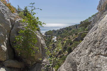 View from the narrow rocky gorge towards the sea.