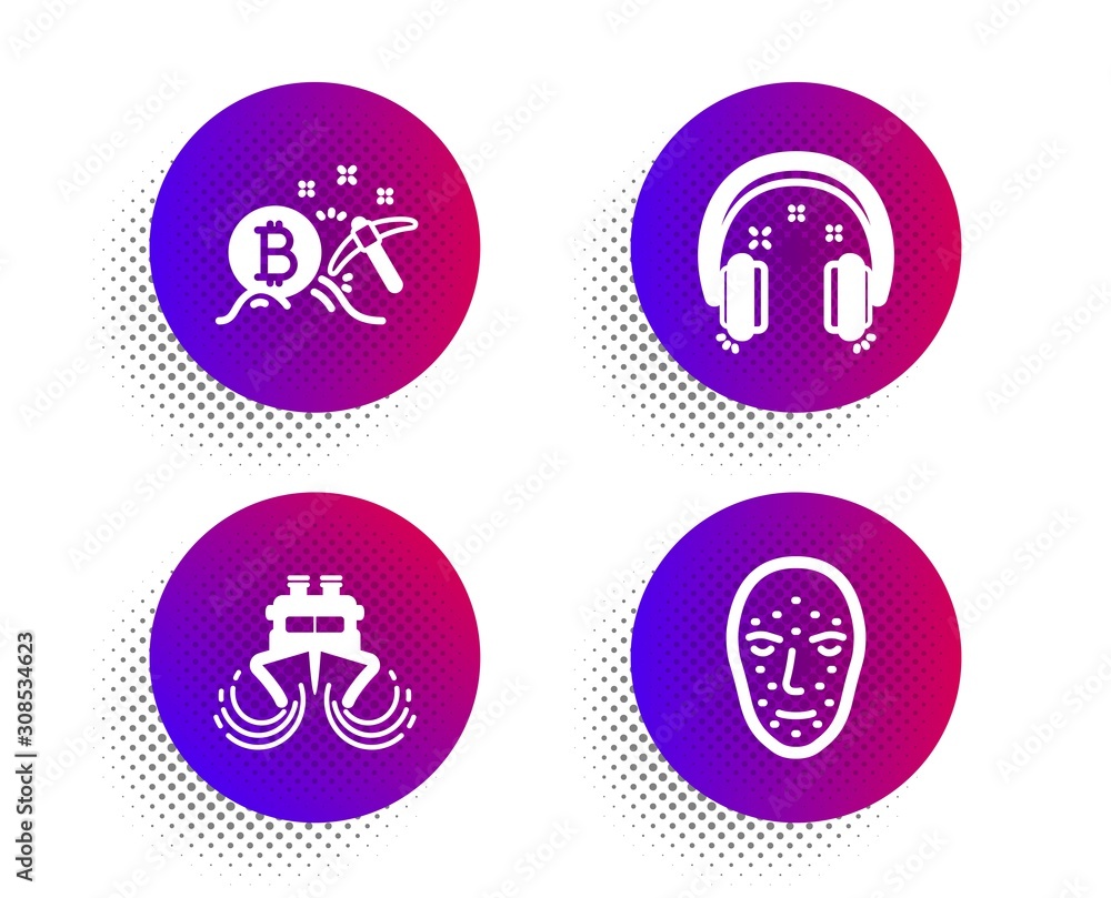 Poster headphones, bitcoin mining and ship icons simple set. halftone dots button. face biometrics sign. ea