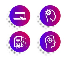 Certificate, Portable computer and Engineering icons simple set. Halftone dots button. Recruitment sign. Certified guarantee, Notebook device, Cogwheel head. Headhunter aim. Business set. Vector