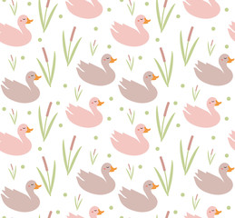 Cute ducks seamless pattern, endless texture. Vector illustration