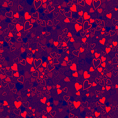 Romantic seamless pattern with cute images of hearts on a red background. The style of children's drawing.