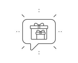 Gift boxes line icon. Chat bubble design. Present or Sale sign. Birthday Shopping symbol. Package in Gift Wrap. Outline concept. Thin line delivery boxes icon. Vector