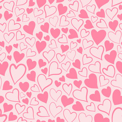 Romantic seamless pattern with cute images of hearts on a pink background. The style of children's drawing.