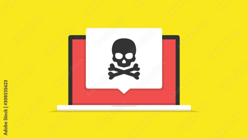 Poster laptop with virus on the screen. loop animation. 4k resolution.