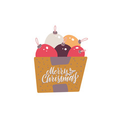 Christmas decoration balls in cardboard box concept in colorful cartoon flat style. Merry Christmas hand drawn doodle design for greeting cards.
