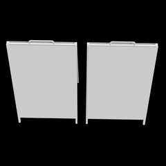 Sandwich board. Blank menu outdoor display with clipping path. Trade show booth white and blank. 3d render on black background. High Resolution Template for your design.