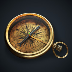 Fototapeta na wymiar Vintage brass compass isolated on black background 3d