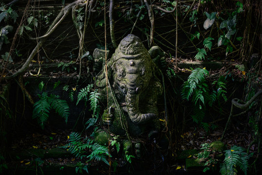 Statue of ganesh covered in moss and ferns in bali