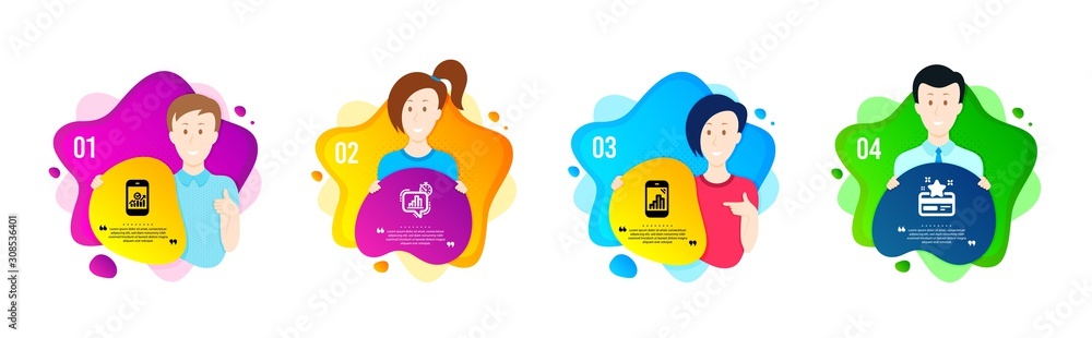 Poster smartphone statistics, statistics timer and graph phone icons simple set. people shapes timeline. lo