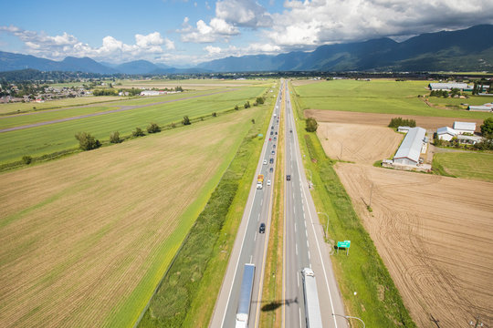 Aerial view of Trans-Canada Highway in Chilliwack, B.C., Canada.