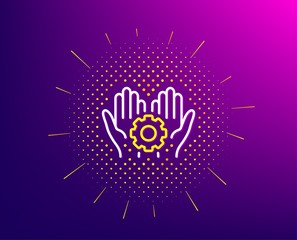 Employee hands line icon. Halftone pattern. Work gear sign. Development cogwheel symbol. Gradient background. Employee hand line icon. Yellow halftone pattern. Vector