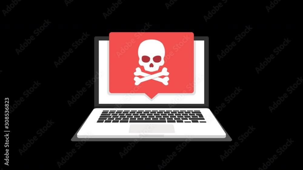 Poster laptop with virus on the screen. loop animation in alpha channel. 4k resolution.