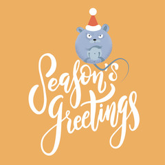 New year and Christmas background with rat - symbol of the year. Simple illustration of round mouse for the greeting card with holiday text Season's greetings