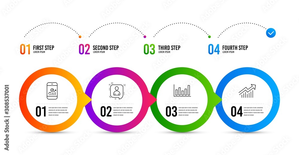 Aufkleber smartphone statistics, column chart and developers chat line icons set. timeline infographic. demand